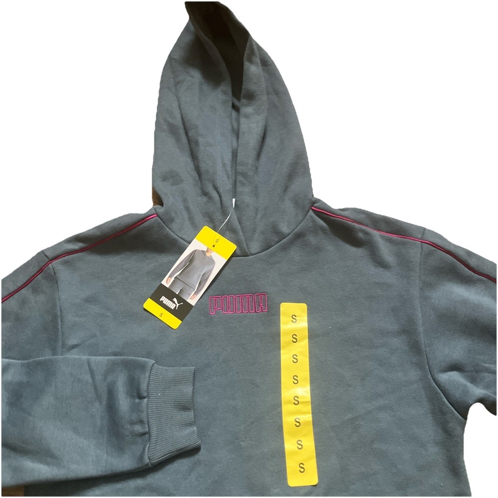 Puma Womens Logo Pullover Hoodie Blue Gray Pink‎ Piping Small NWT